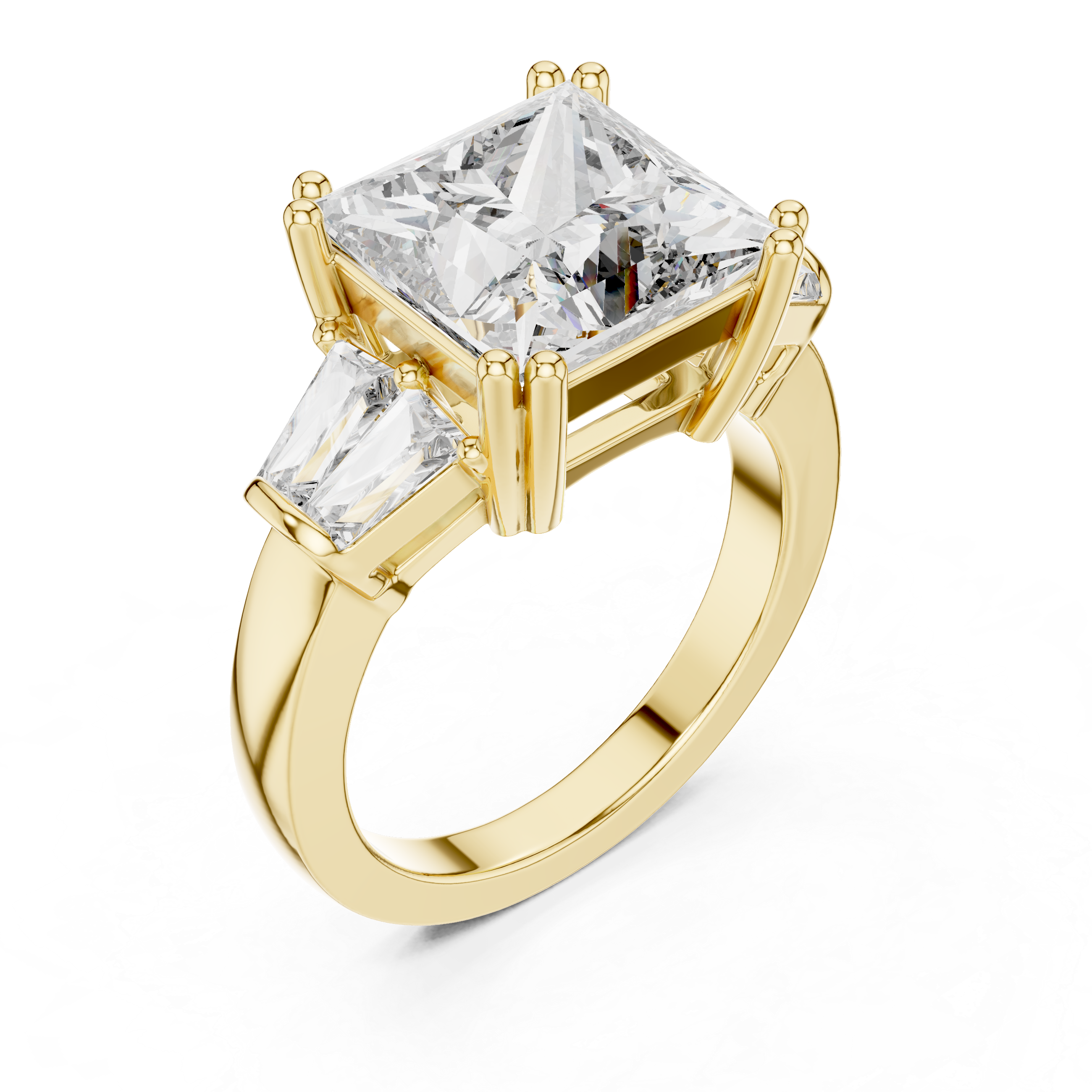 Gold ring with two large clear gemstones on a white background